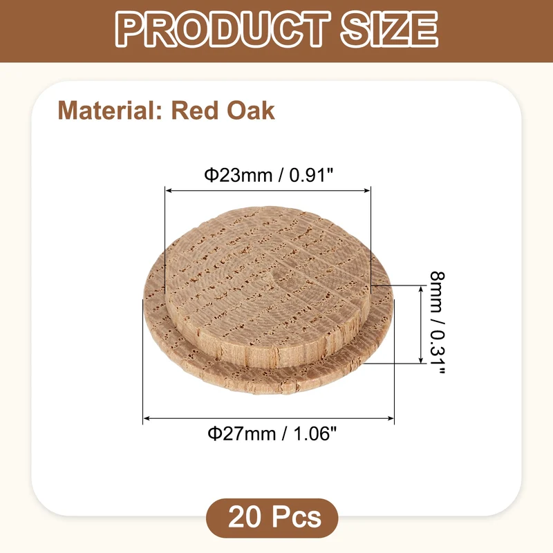 20Pcs Wood Button Plugs, 23mm/0.91" Oak Hardwood Screw Hole Plug for Furniture
