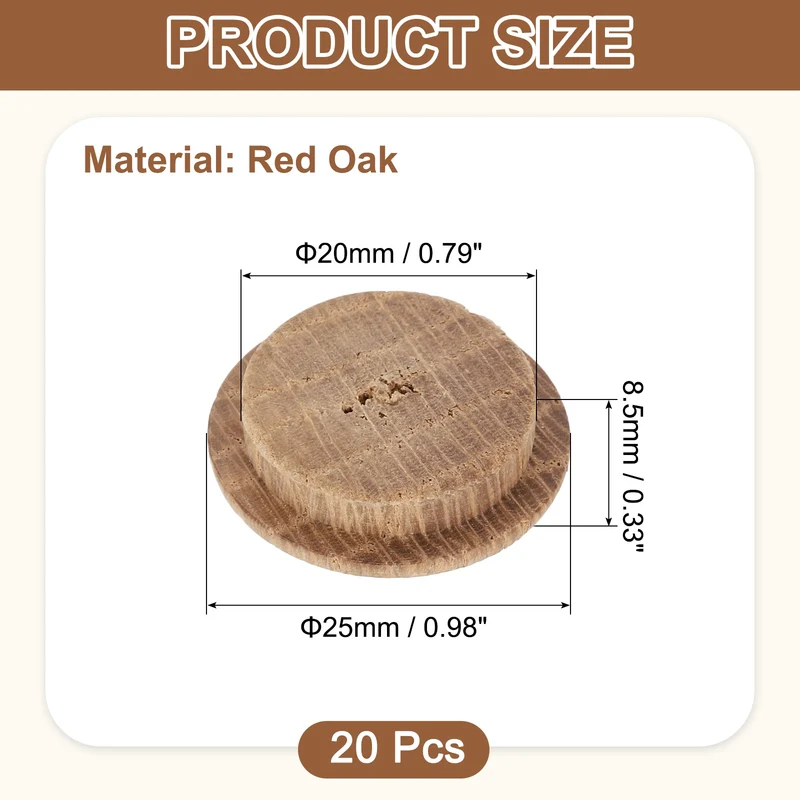 20Pcs Wood Button Plugs, 20mm/0.79" Oak Hardwood Screw Hole Plug for Furniture