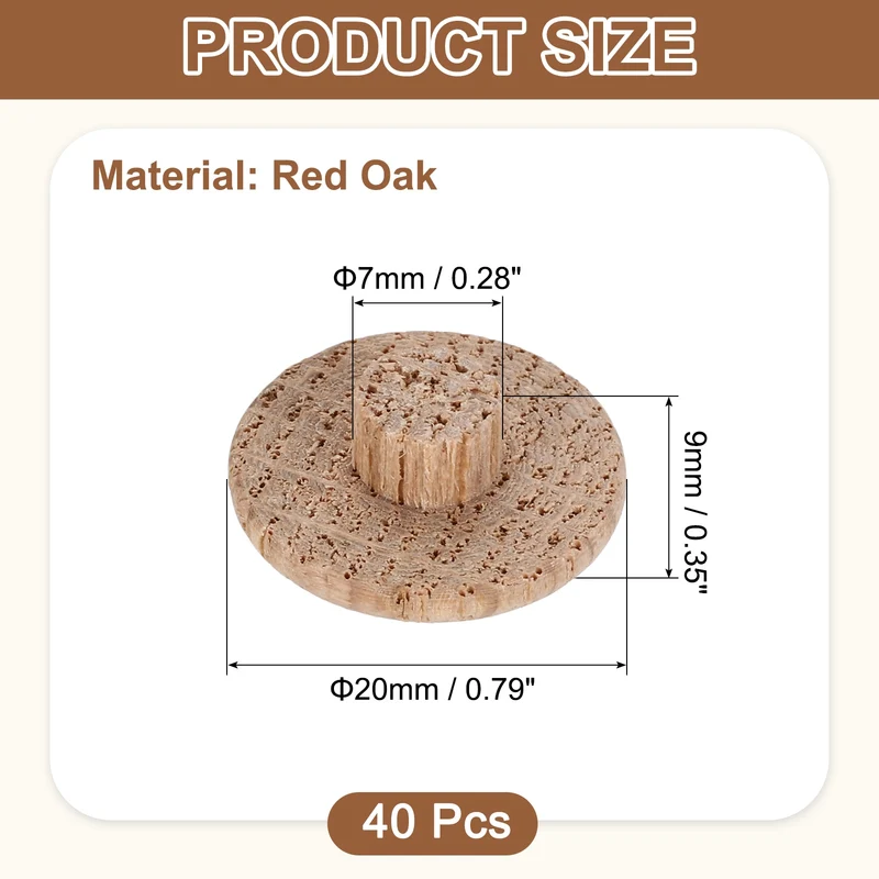 40Pcs Wood Button Plugs, 7mm/0.28" Oak Hardwood Screw Hole Plug for Furniture