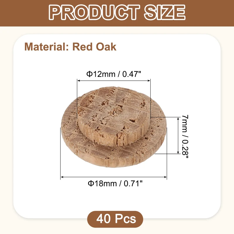 40Pcs Wood Button Plugs, 12mm/0.47" Oak Hardwood Screw Hole Plug for Furniture