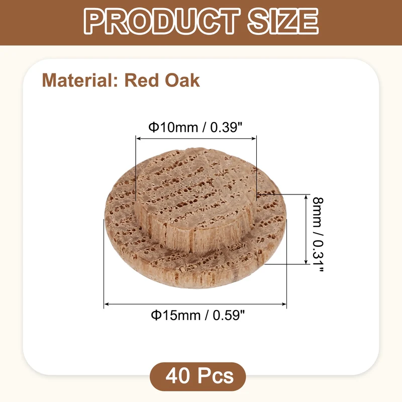 40Pcs Wood Button Plugs 10mm/0.39" Oak Hardwood Screw Hole Plug for Furniture
