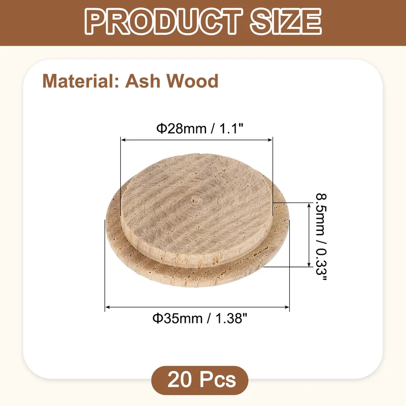 20Pcs Wood Button Plugs, 28mm/1.1" Ash Hardwood Screw Hole Plug for Furniture