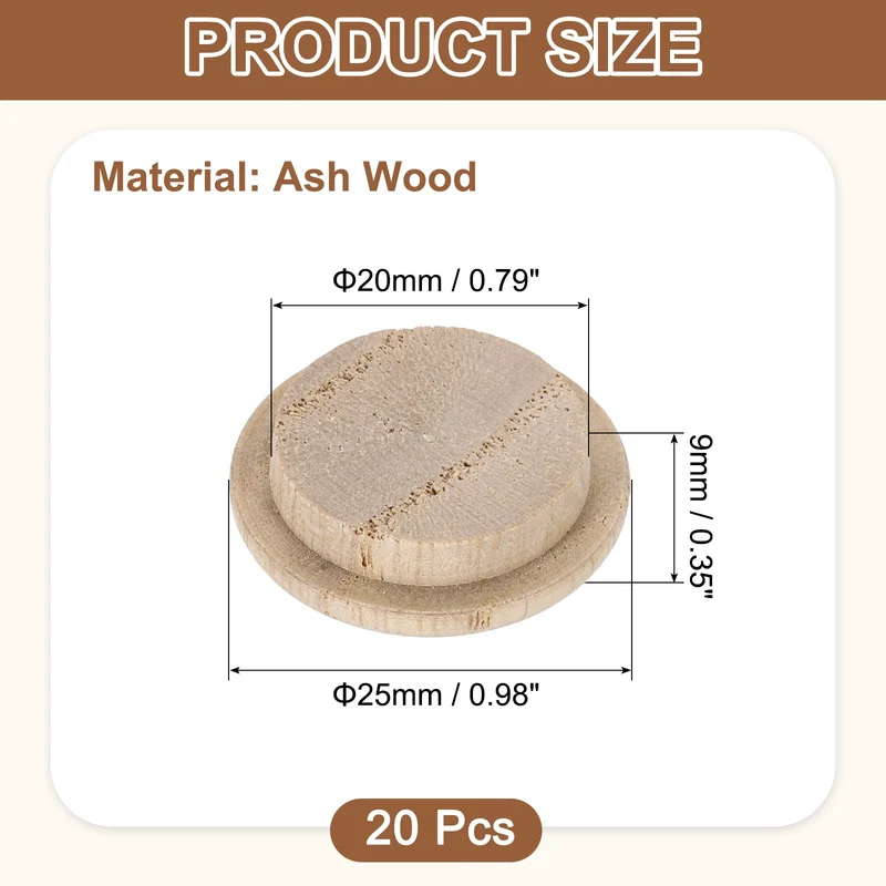 20Pcs Wood Button Plugs, 20mm/0.79" Ash Hardwood Screw Hole Plug for Furniture