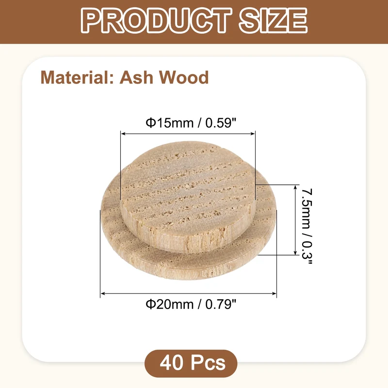 40Pcs Wood Button Plugs, 15mm/0.59" Ash Hardwood Screw Hole Plug for Furniture