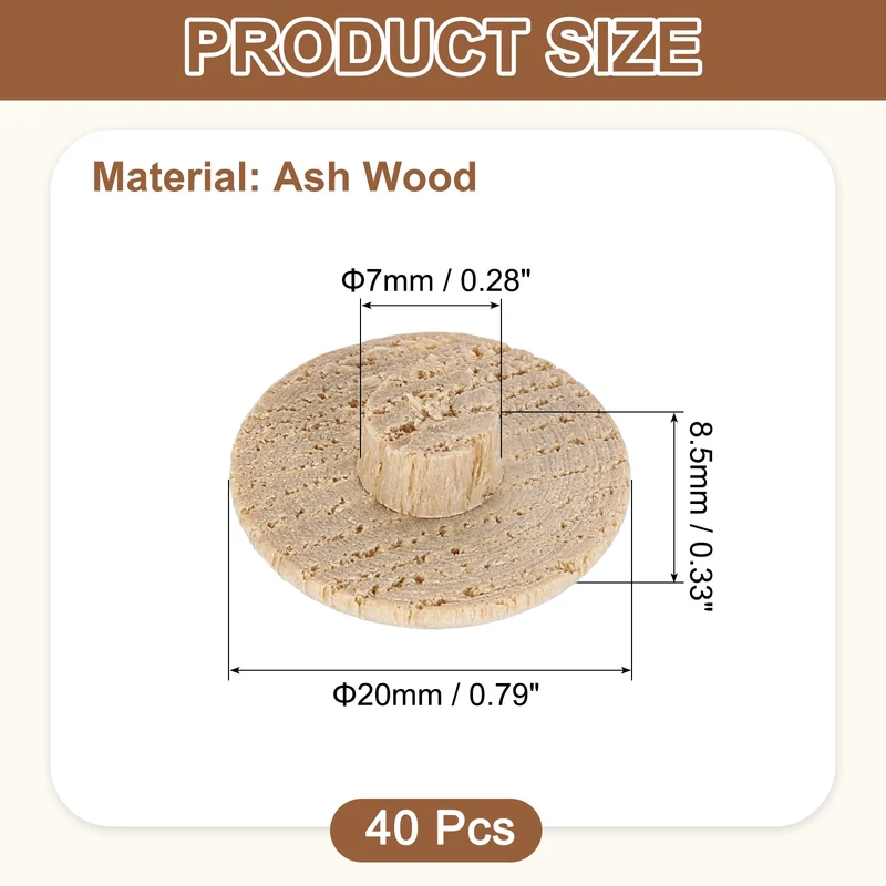 40Pcs Wood Button Plugs, 7mm/0.28" Ash Hardwood Screw Hole Plug for Furniture