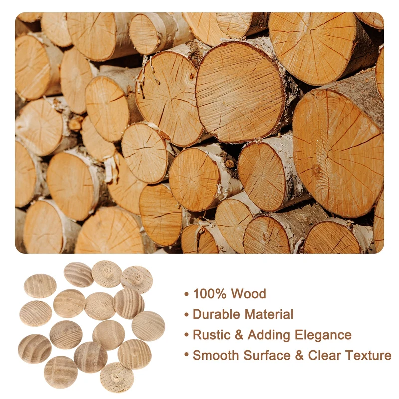 40Pcs Wood Button Plugs, 7mm/0.28" Ash Hardwood Screw Hole Plug for Furniture