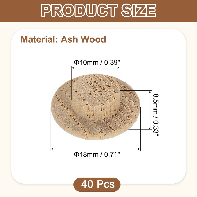 40Pcs Wood Button Plugs, 10mm/0.39" Ash Hardwood Screw Hole Plug for Furniture