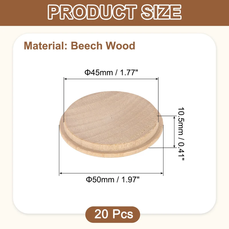 20Pcs Wood Button Plugs, 45mm/1.77" Beech Hardwood Screw Hole Plug for Furniture