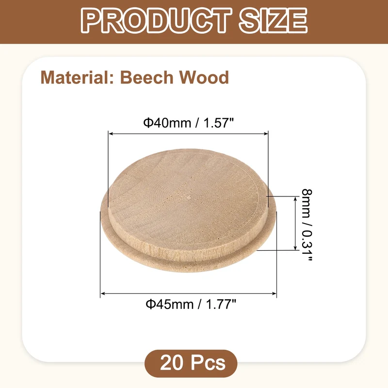 20Pcs Wood Button Plugs, 40mm/1.57" Beech Hardwood Screw Hole Plug for Furniture