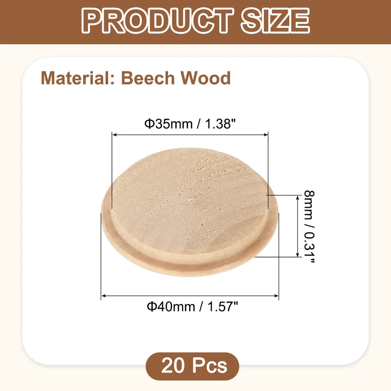 20Pcs Wood Button Plugs, 35mm/1.38" Beech Hardwood Screw Hole Plug for Furniture