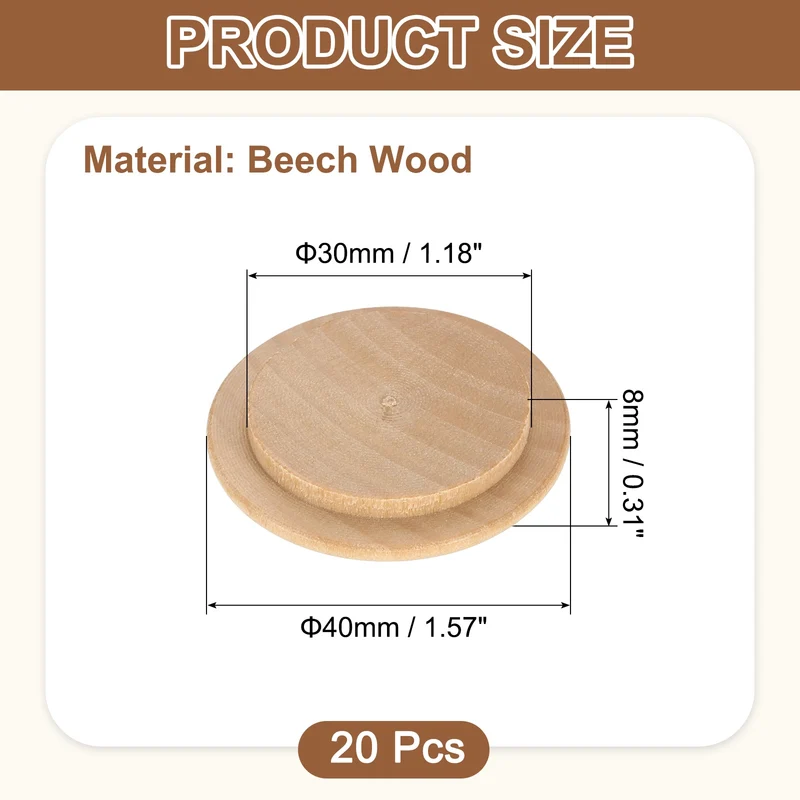 20Pcs Wood Button Plug, 30mm/1.18" Beech Hardwood Screw Hole Plug for Furniture