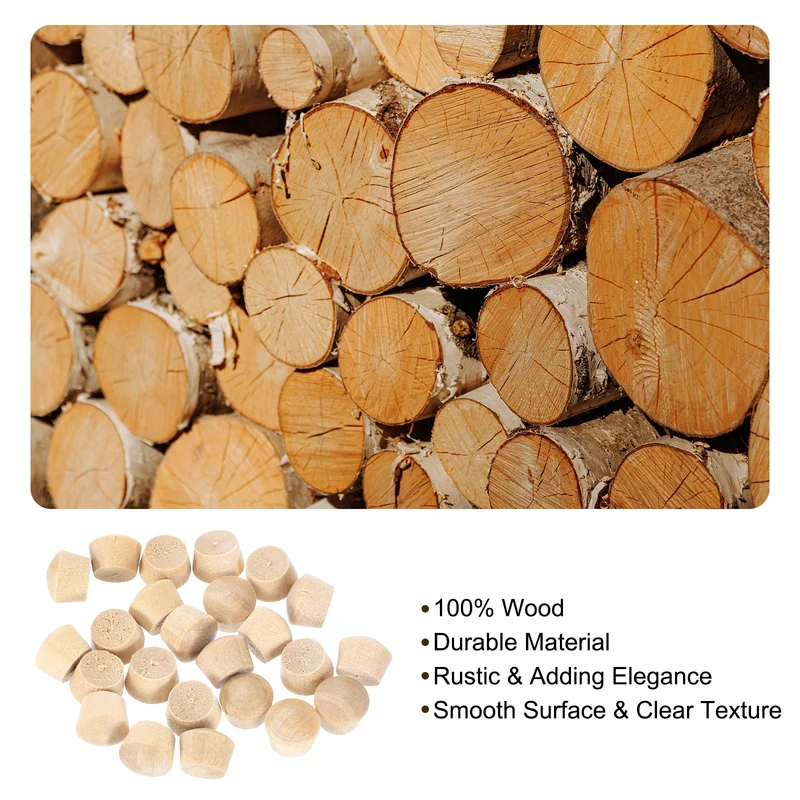 26Pcs Wood Button Plugs, 7.5mm/0.3" Hardwood Screw Hole Plug for Woodworking