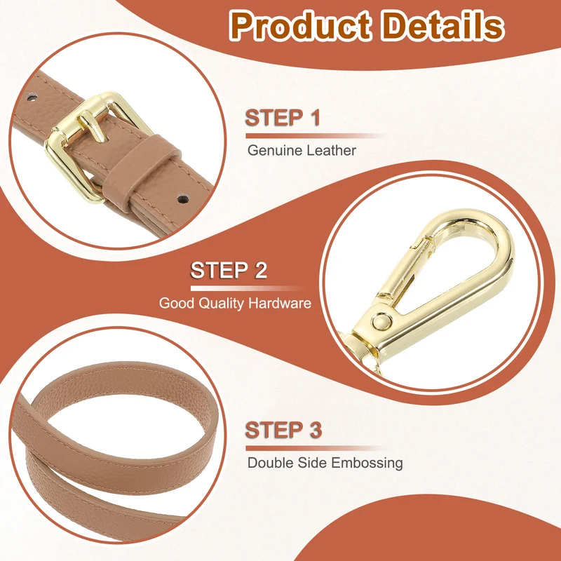 0.6" Genuine Leather Purse Strap for Bag (Cool Brown, Gold Buckle)