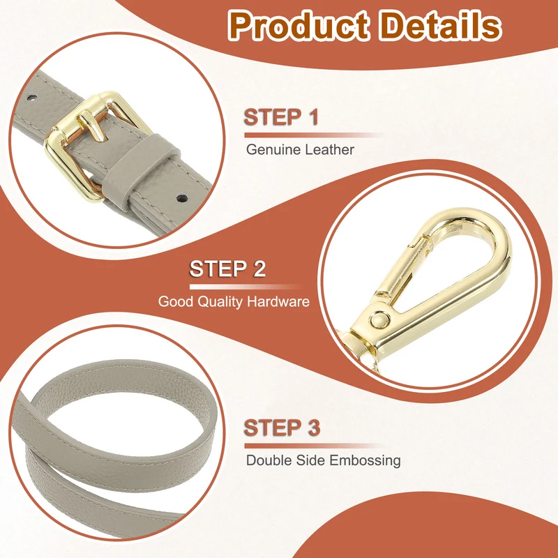 0.6" Genuine Leather Purse Strap for Bag (Grey, Gold Buckle)