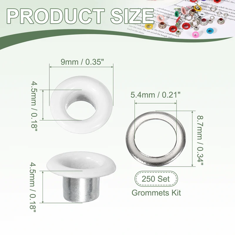 Grommets Kit, Metal Eyelets with Washers 4.5mm 3/16" & 250 Set & White