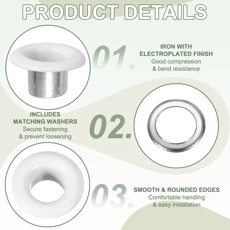 Grommets Kit, Metal Eyelets with Washers 4.5mm 3/16" & 250 Set & White