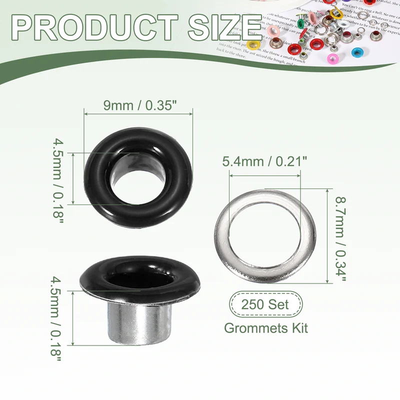Grommets Kit, Metal Eyelets with Washers 4.5mm 3/16" & 250 Set & Bright Black