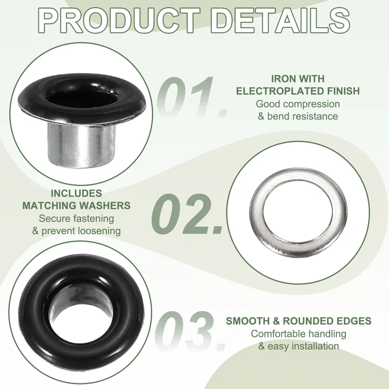 Grommets Kit, Metal Eyelets with Washers 4.5mm 3/16" & 250 Set & Bright Black
