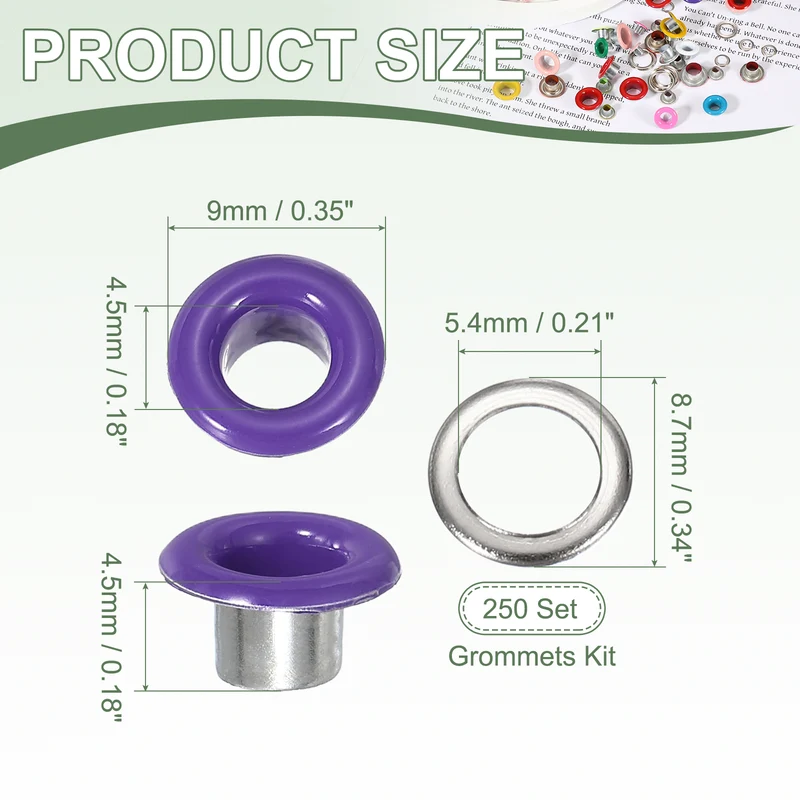 Grommets Kit, Metal Eyelets with Washers 4.5mm 3/16" & 250 Set & Purple