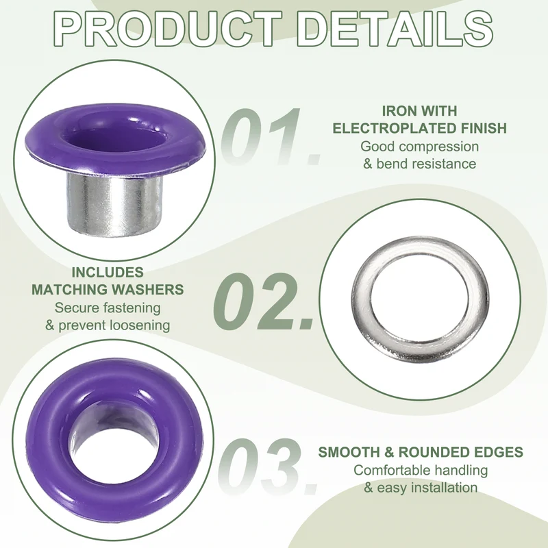 Grommets Kit, Metal Eyelets with Washers 4.5mm 3/16" & 250 Set & Purple