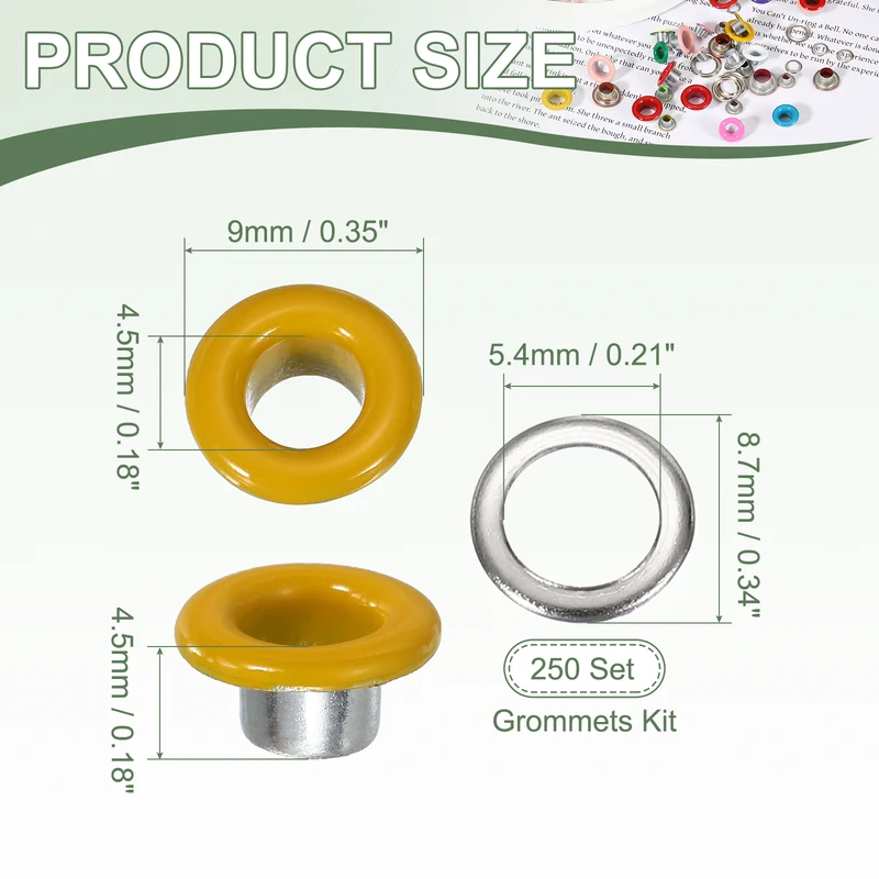 Grommets Kit, Metal Eyelets with Washers 4.5mm 3/16" & 250 Set & Yellow