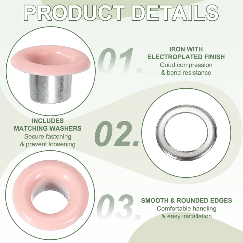 Grommets Kit, Metal Eyelets with Washers 4.5mm 3/16" & 250 Set & Pink