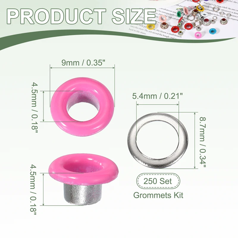 Grommets Kit, Metal Eyelets with Washers 4.5mm 3/16" & 250 Set & Burgundy Purple