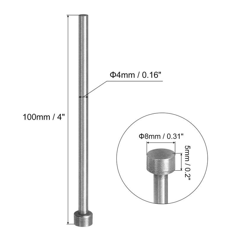 2Pcs Straight Ejector Pins, 4mm Dia. 65Mn Steel Round Tip Punch 100mm
