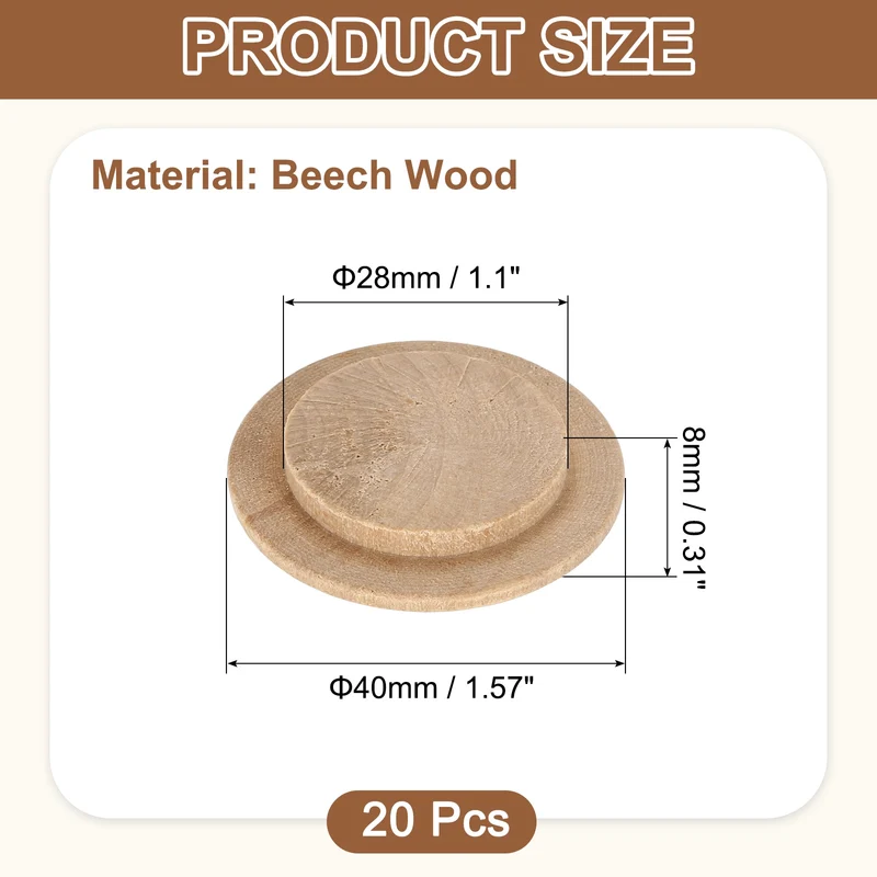 20Pcs Wood Button Plugs, 28mm/1.1" Beech Hardwood Screw Hole Plugs for Furniture