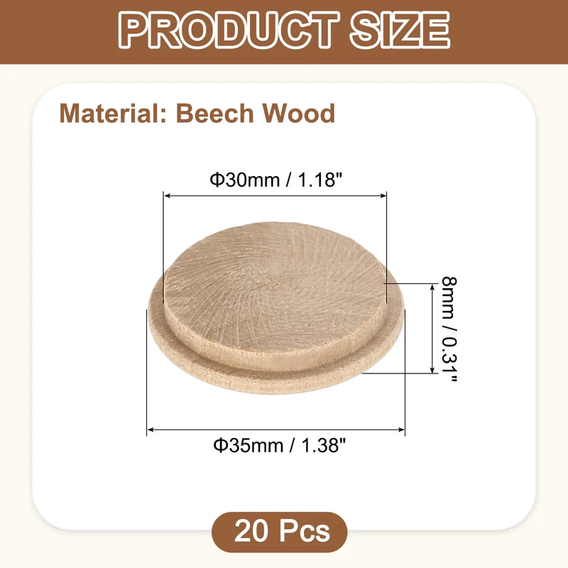 20Pcs Wood Button Plugs 30mm/1.18" Beech Hardwood Screw Hole Plug for Furniture