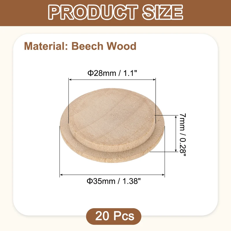 20Pcs Wood Button Plugs, 28mm/1.1" Beech Hardwood Screw Hole Plug for Furniture