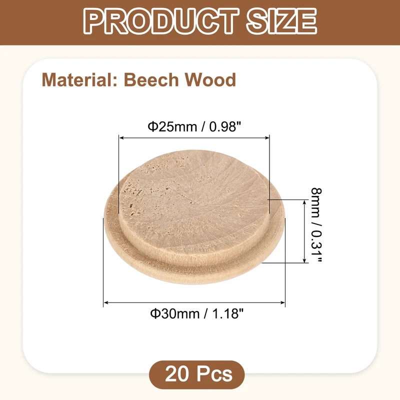 20Pcs Wood Button Plugs, 25mm/0.98" Beech Hardwood Screw Hole Plug for Furniture