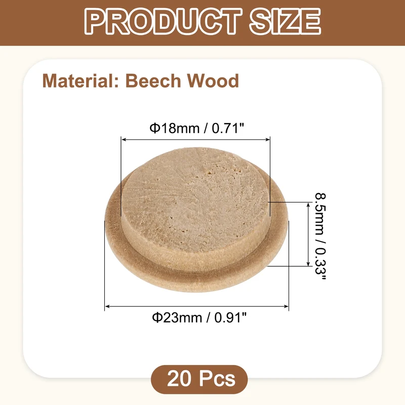 20Pcs Wood Button Plugs, 18mm/0.71" Beech Hardwood Screw Hole Plug for Furniture
