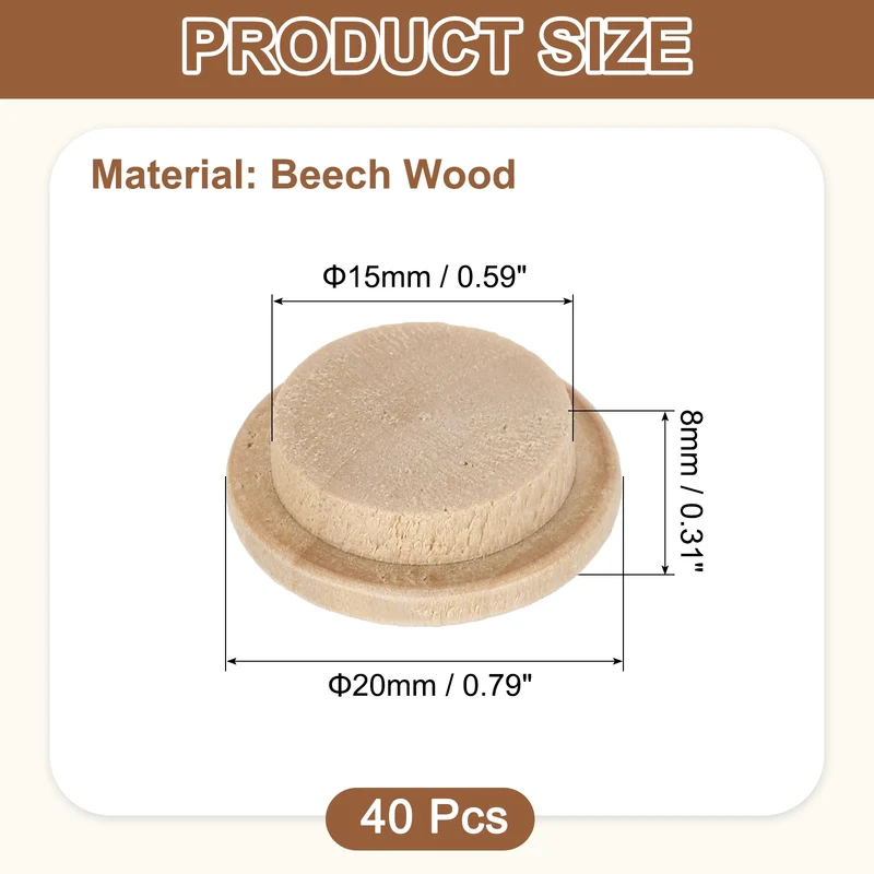 40Pcs Wood Button Plugs, 15mm/0.59" Beech Hardwood Screw Hole Plug for Furniture