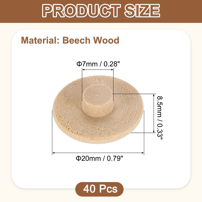 40Pcs Wood Button Plugs, 7mm/0.28" Beech Hardwood Screw Hole Plug for Furniture