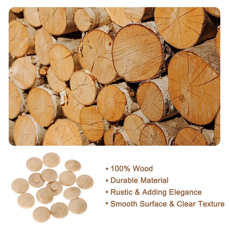 40Pcs Wood Button Plugs, 7mm/0.28" Beech Hardwood Screw Hole Plug for Furniture