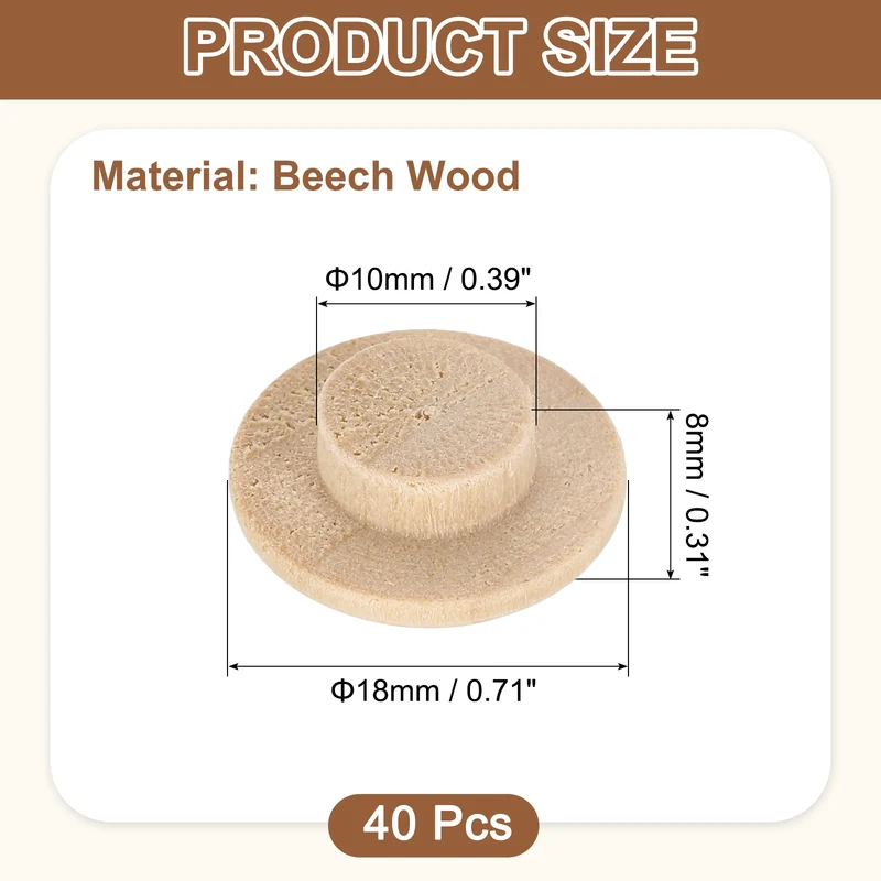 40Pcs Wood Button Plug, 10mm/0.39" Beech Hardwood Screw Hole Plug for Furniture