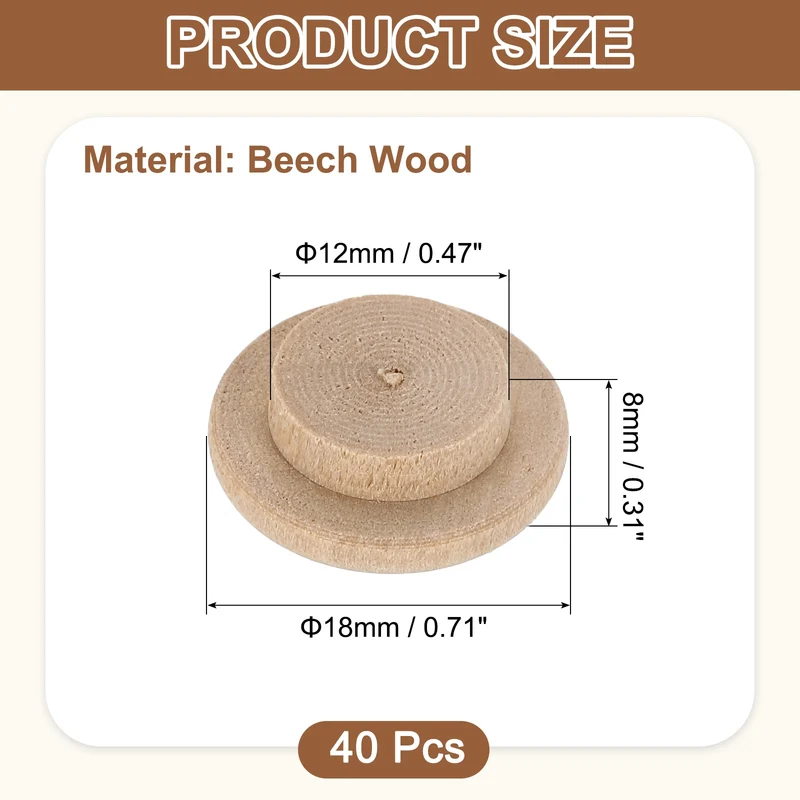 40Pcs Wood Button Plugs, 12mm/0.47" Beech Hardwood Screw Hole Plug for Furniture