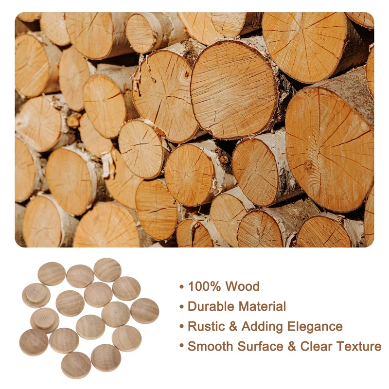 40Pcs Wood Button Plugs, 12mm/0.47" Beech Hardwood Screw Hole Plug for Furniture