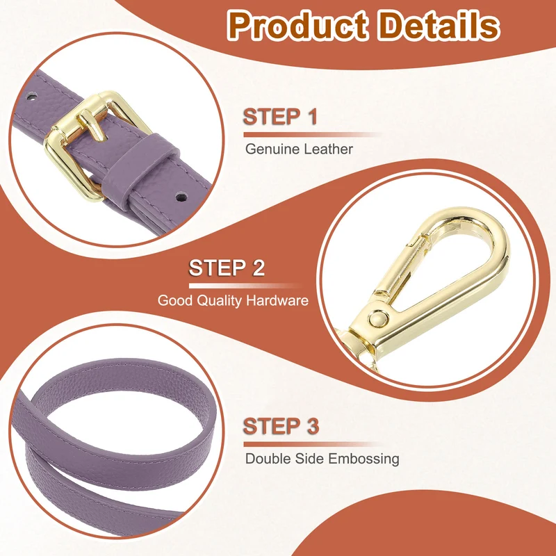 0.6" Genuine Leather Purse Strap for Bag (Taro Purple, Gold Buckle)