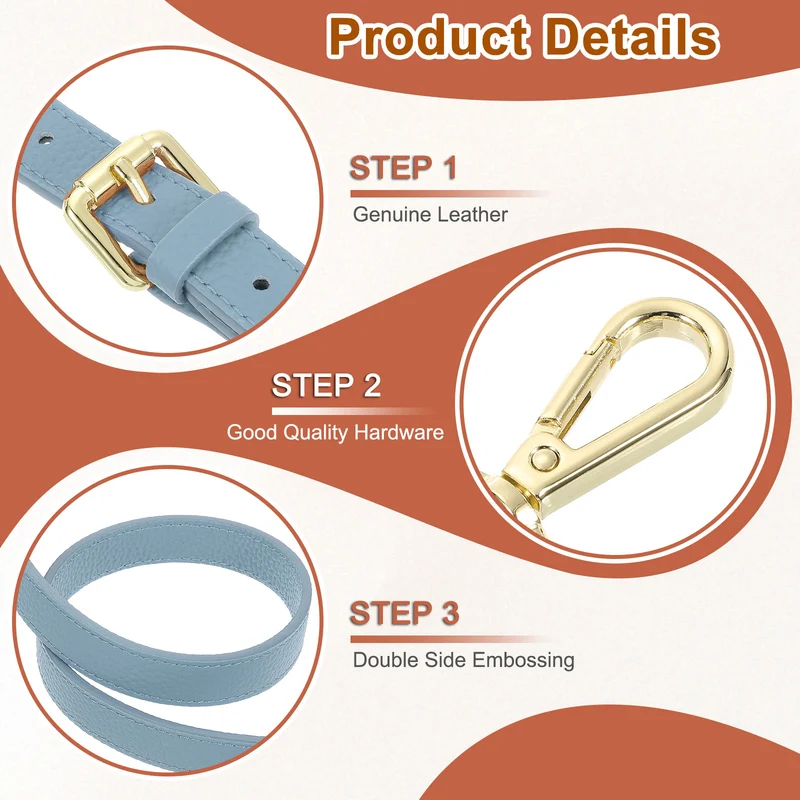0.6" Genuine Leather Purse Strap for Bag (Sky Blue, Gold Buckle)
