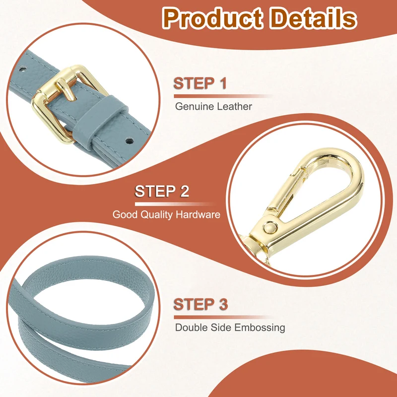0.6" Genuine Leather Purse Strap for Bag (Linen Blue, Gold Buckle)