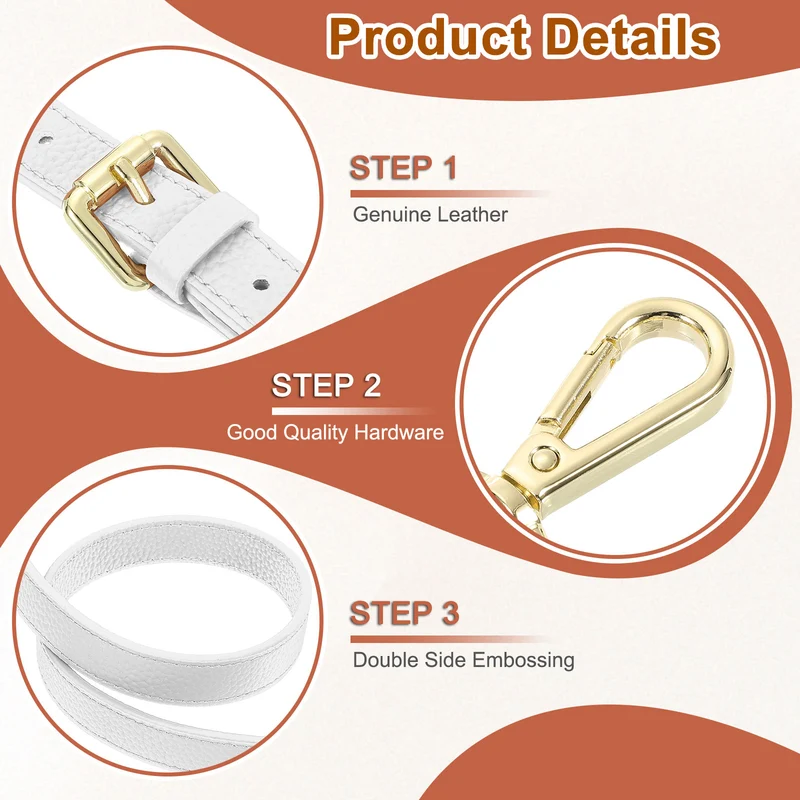 0.6" Genuine Leather Purse Strap for Bag (White, Gold Buckle)