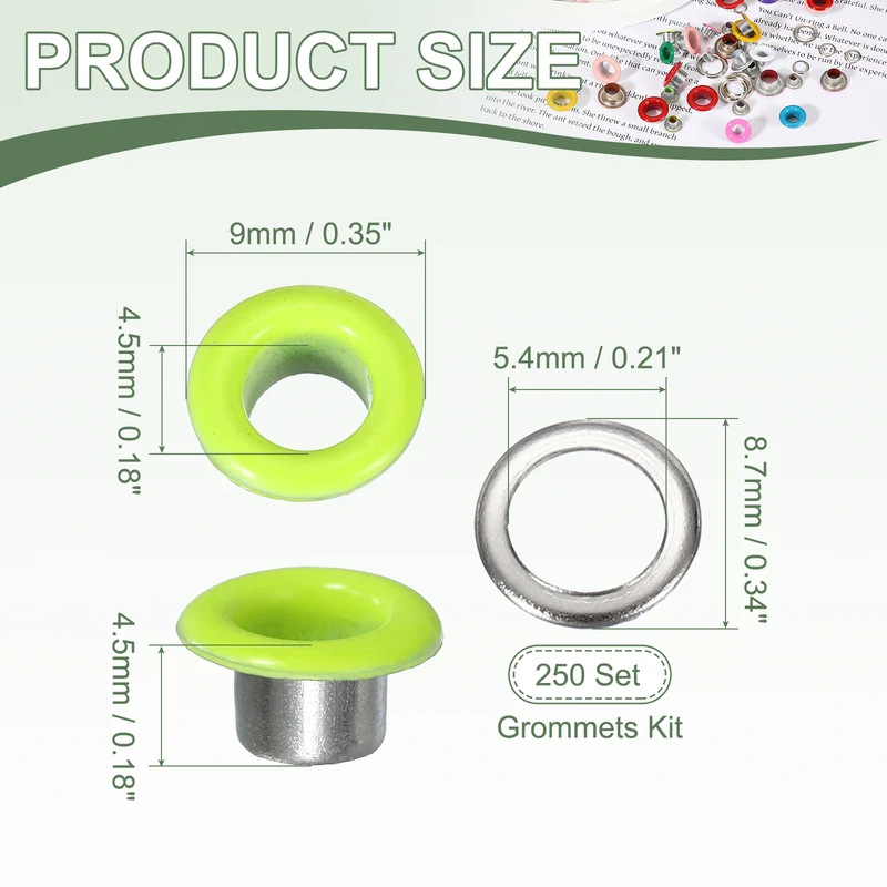 Grommets Kit Metal Eyelets with Washer 4.5mm 3/16" & 250 Set & Fluorescent Green
