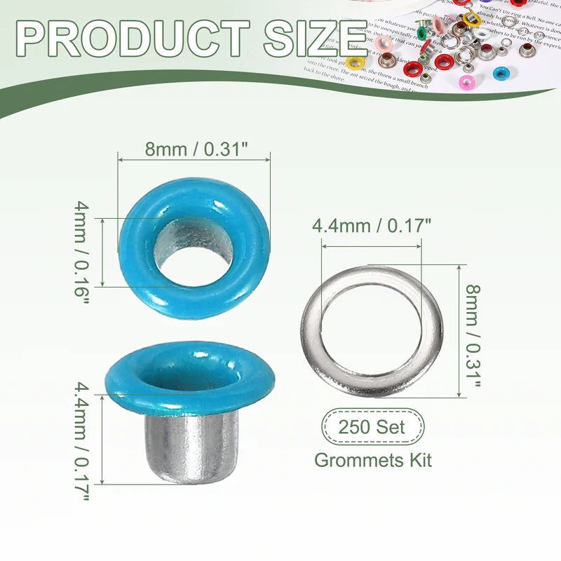 Grommets Kit, Metal Eyelets with Washers 4mm 5/32" & 250 Set & Sky Blue