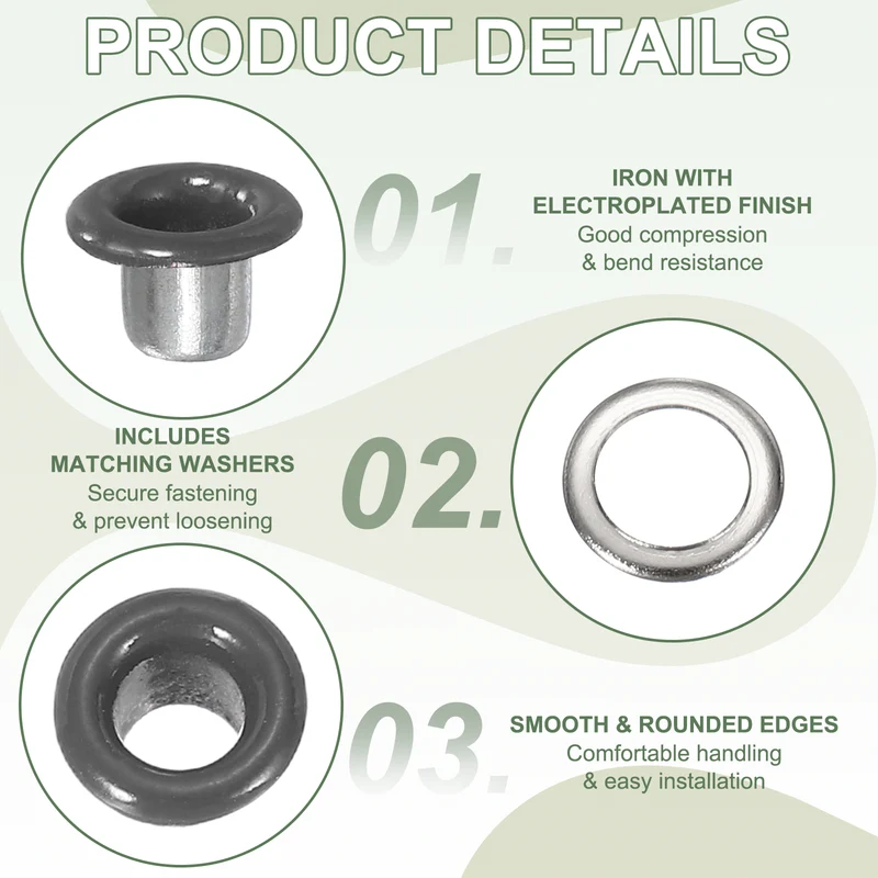 Grommets Kit, Metal Eyelets with Washers 4mm 5/32" & 250 Set & Gray