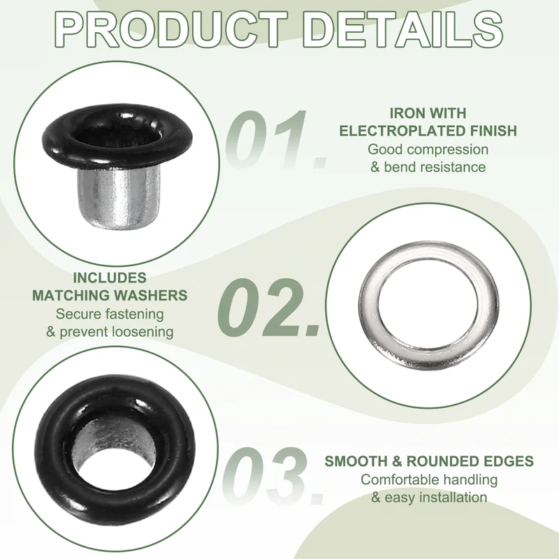 Grommets Kit, Metal Eyelets with Washers 4mm 5/32" & 250 Set & Bright Black