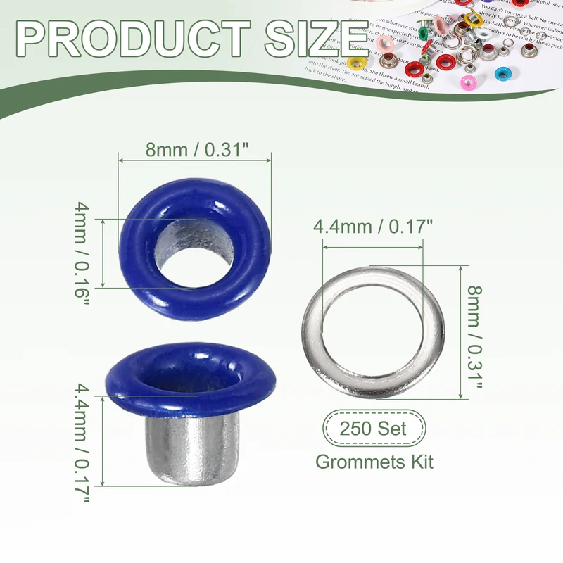Grommets Kit, Metal Eyelets with Washers 4mm 5/32" & 250 Set & Dark Blue