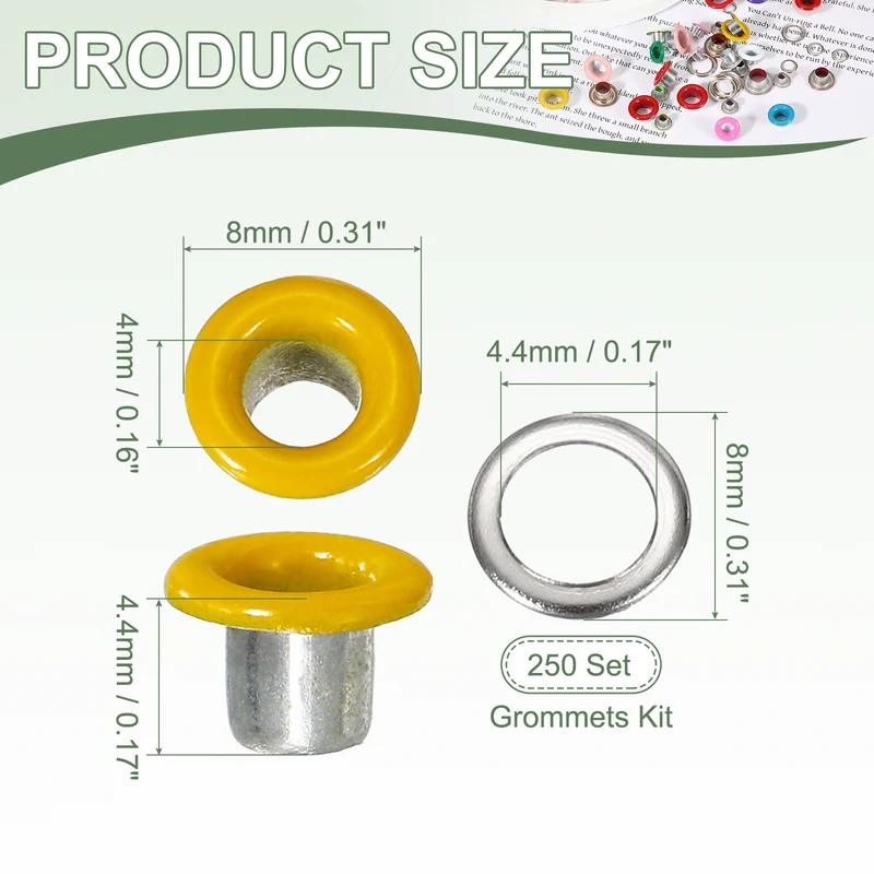 Grommets Kit, Metal Eyelets with Washers 4mm 5/32" & 250 Set & Yellow