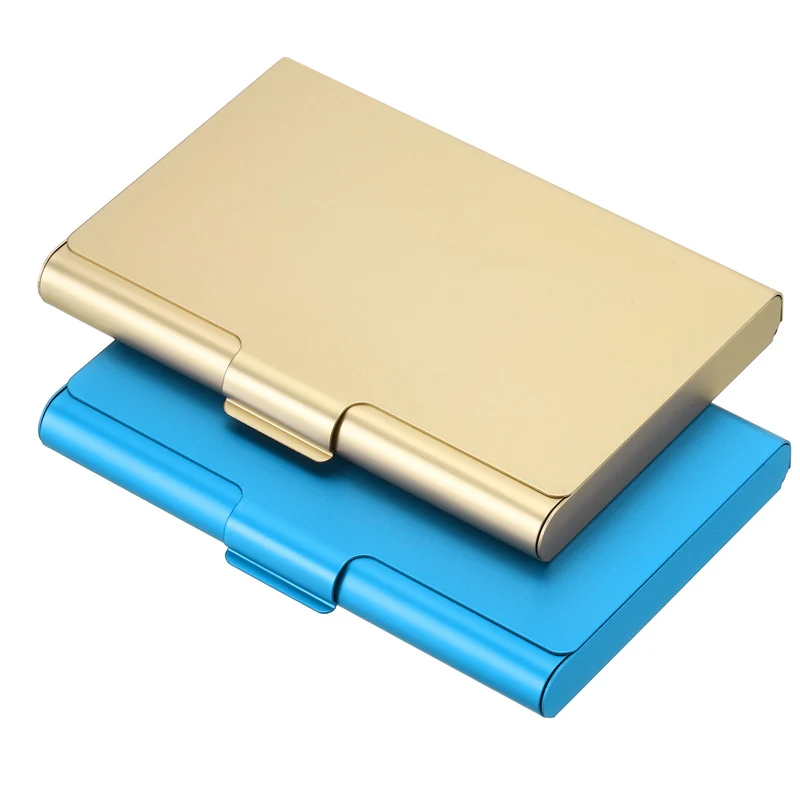 2Pcs Professional Pocket Metal Business Card Case Holder Wallet Gold, Blue